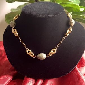 Vintage Goldstone links necklace with 3 oval shape Labradorite stones, 3/4”long.